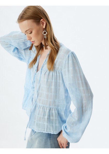 Hakim Yaka Bluz Bağcık Detaylı Uzun Kollu Düğmeli Fırfırlı