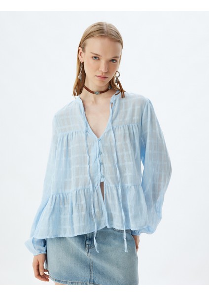 Hakim Yaka Bluz Bağcık Detaylı Uzun Kollu Düğmeli Fırfırlı modelleri