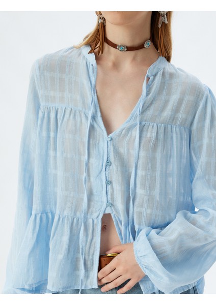 Hakim Yaka Bluz Bağcık Detaylı Uzun Kollu Düğmeli Fırfırlı indirimleri