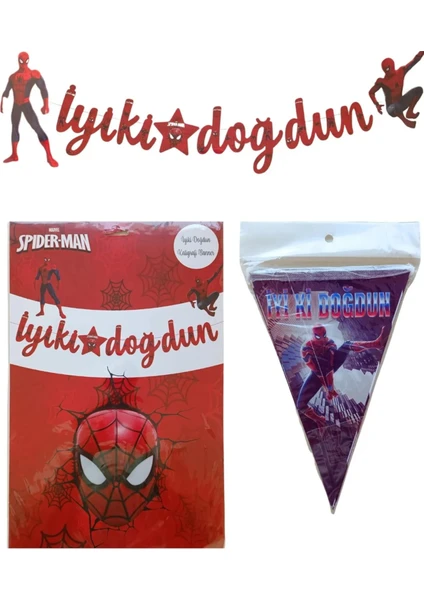 Ngüzel Party Örümcek Adam Spiderman Iyi Ki Doğdun Kaligrafi Banner ve Iyi Ki Doğdun Üçgen Flama