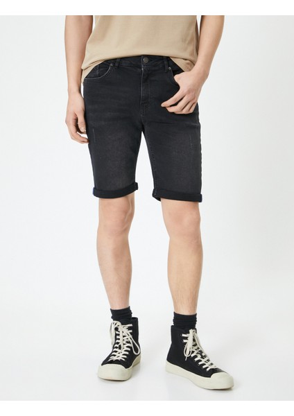 Yırtık Kot Şort Bermuda Slim Fit Katlı Paça Düğmeli
