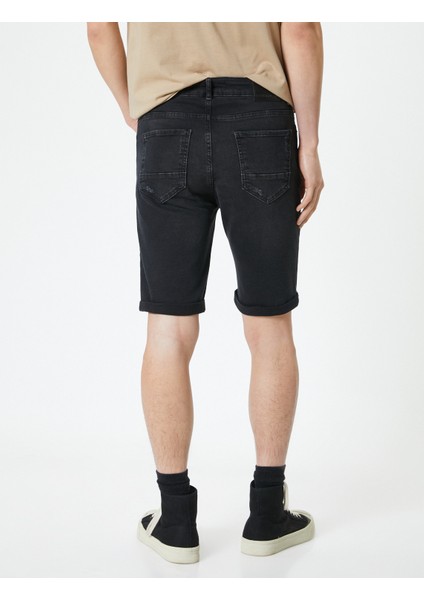 Yırtık Kot Şort Bermuda Slim Fit Katlı Paça Düğmeli