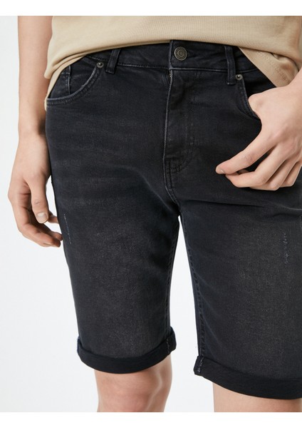 Yırtık Kot Şort Bermuda Slim Fit Katlı Paça Düğmeli