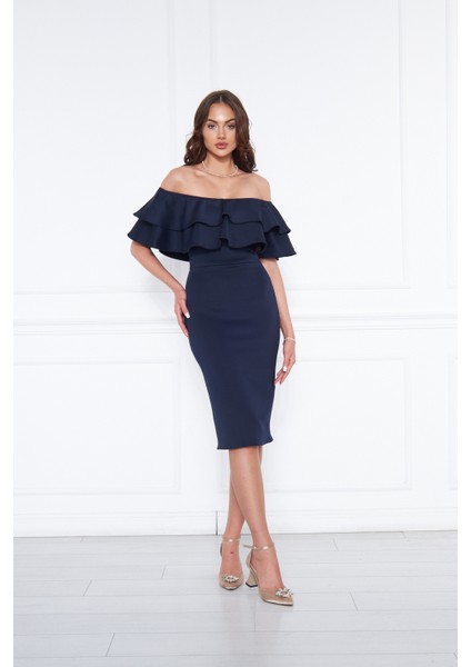 Kadın Carmen Yaka Esnek Kumaş Düşük Omuz Midi Boy Abiye Kalem Elbise