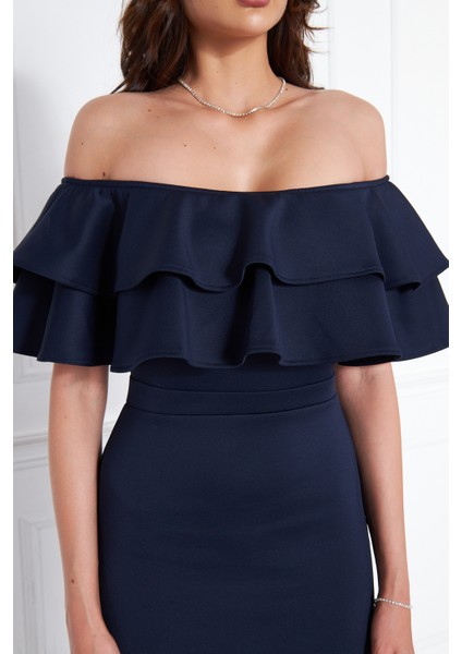 Kadın Carmen Yaka Esnek Kumaş Düşük Omuz Midi Boy Abiye Kalem Elbise fiyatları