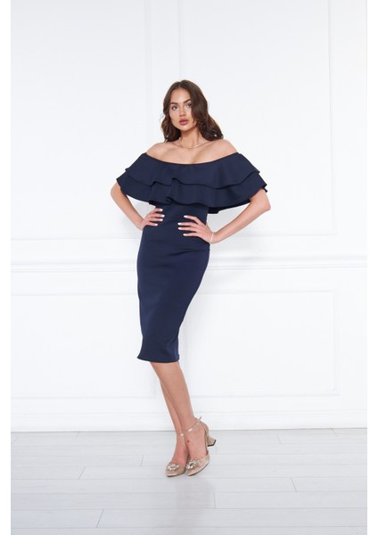 Kadın Carmen Yaka Esnek Kumaş Düşük Omuz Midi Boy Abiye Kalem Elbise modelleri