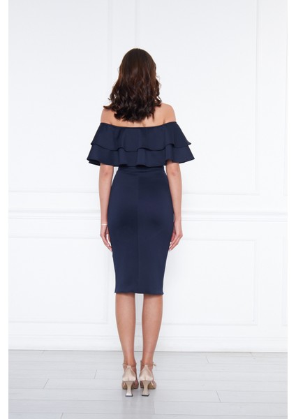 Kadın Carmen Yaka Esnek Kumaş Düşük Omuz Midi Boy Abiye Kalem Elbise fırsatları