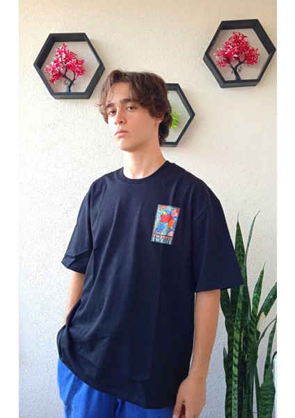 Erkek Distant Mind Baskılı Oversize Siyah Tshirt