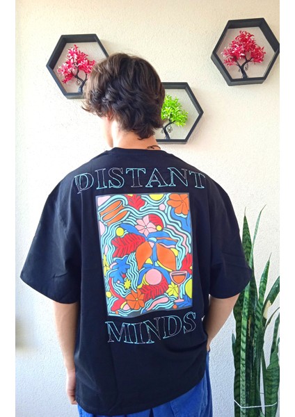 Erkek Distant Mind Baskılı Oversize Siyah Tshirt