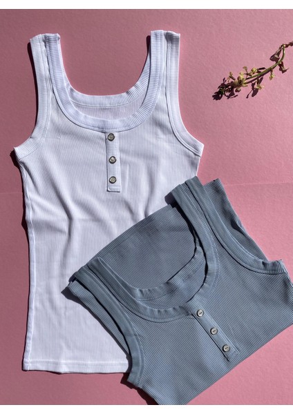 Kaşkorse 3'lü Düğme Detaylı Beyaz, Gül Kurusu ve Mavi Renk Kadın Atlet