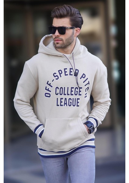 Bej Kapüşonlu Cep Detaylı Baskılı Erkek Sweatshirt 7068