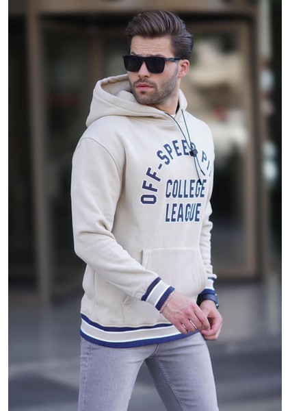 Bej Kapüşonlu Cep Detaylı Baskılı Erkek Sweatshirt 7068