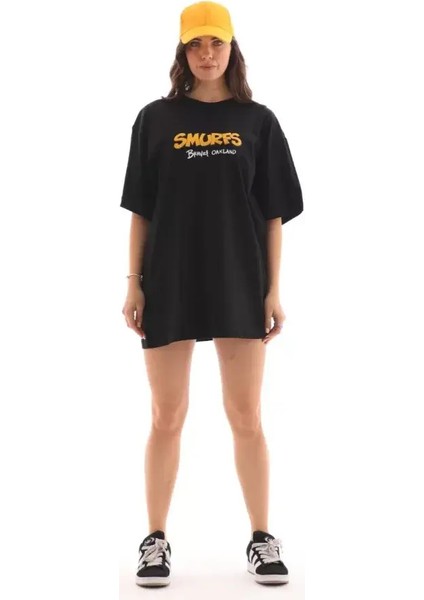 Unisex Bisiklet Yaka Baskılı Oversize T-Shirt - Siyah