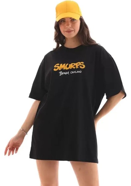 Unisex Bisiklet Yaka Baskılı Oversize T-Shirt - Siyah