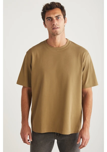 Blas Erkek Basic Oversize %100 Pamuklu Organik Pamuklu Örme Bisiklet Yaka Camel T-shirt