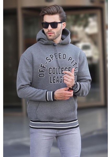Antrasit Kapüşonlu Cep Detaylı Baskılı Erkek Sweatshirt 7068 fiyatları