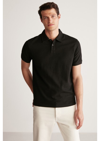 Laporte Erkek Dokulu Kumaşlı Slim Fit Siyah Polo Yaka T-Shirt