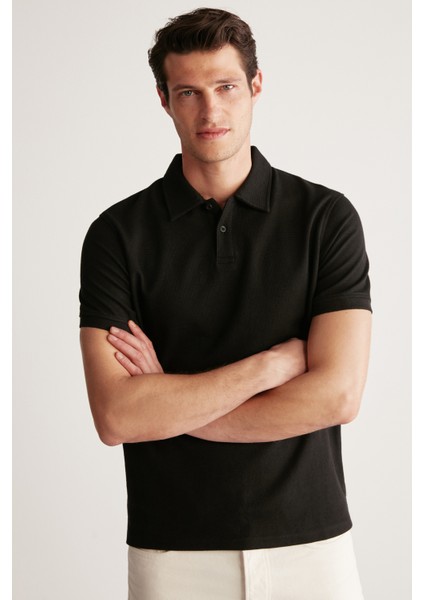 Laporte Erkek Dokulu Kumaşlı Slim Fit Siyah Polo Yaka T-Shirt fiyatları