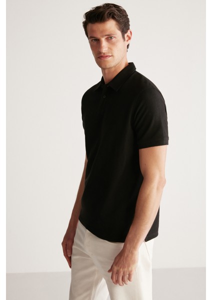 Laporte Erkek Dokulu Kumaşlı Slim Fit Siyah Polo Yaka T-Shirt modelleri