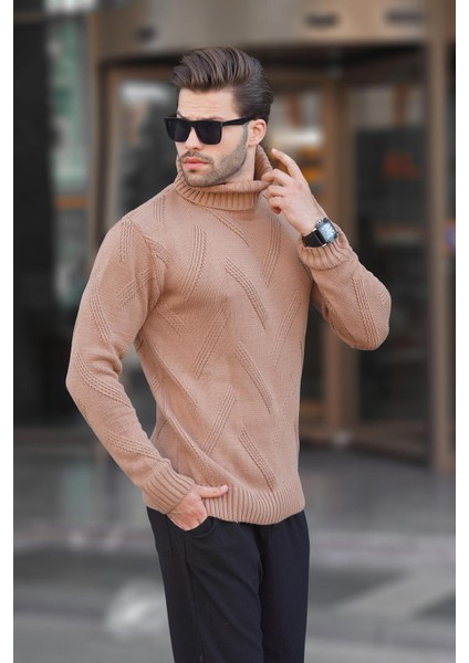 Camel Boğazlı Uzun Kollu Desenli Örme Kazak 7279 fiyatları