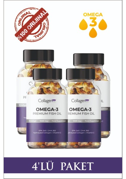 4 Adet Omega-3 Premium Fish Oil 90 Softgel X 1000mg, Balık Yağı, Hidrolize Kolajen