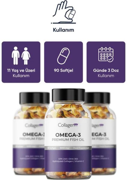 4 Adet Omega-3 Premium Fish Oil 90 Softgel X 1000mg, Balık Yağı, Hidrolize Kolajen