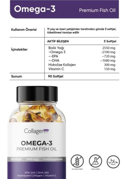 4 Adet Omega-3 Premium Fish Oil 90 Softgel X 1000mg, Balık Yağı, Hidrolize Kolajen