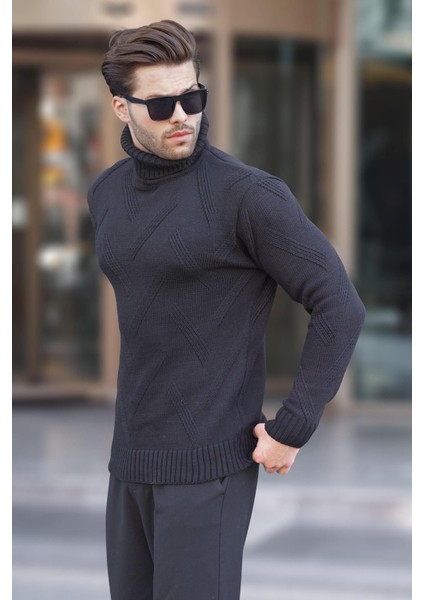 Siyah Boğazlı Uzun Kollu Desenli Örme Kazak 7279 fiyatları