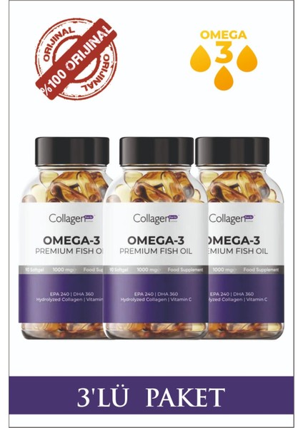 3 Adet Omega-3 Premium Fish Oil 90 Softgel X 1000Mg, Balık Yağı, Hidrolize Kolajen