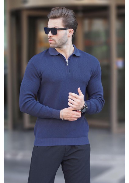 Lacivert Polo Yaka Fermuarlı Uzun Kollu Erkek Kazak 7240 fiyatları