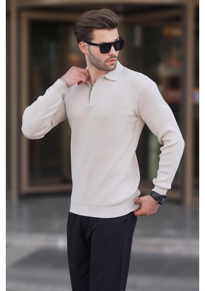 Bej Polo Yaka Fermuarlı Uzun Kollu Erkek Kazak 7240 fiyatları