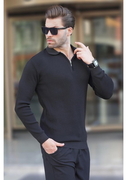 Siyah Polo Yaka Fermuarlı Uzun Kollu Erkek Kazak 7240