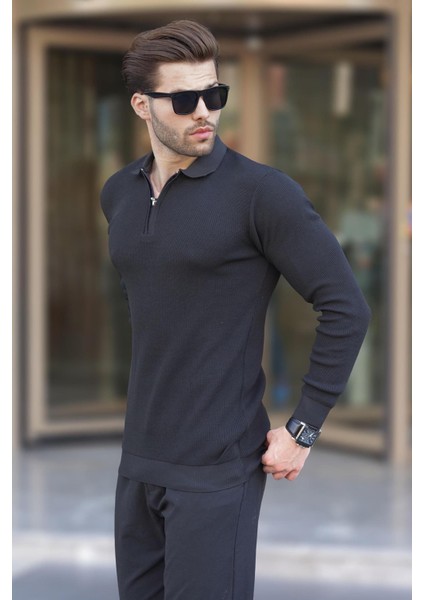 Siyah Polo Yaka Fermuarlı Uzun Kollu Erkek Kazak 7240 fiyatları