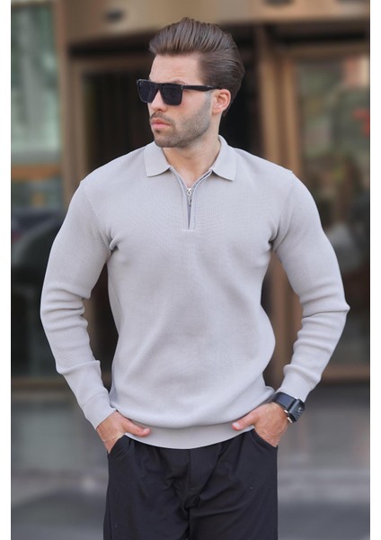 Gri Polo Yaka Fermuarlı Uzun Kollu Erkek Kazak 7240 fiyatları