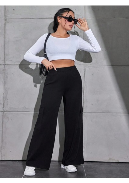Kadın Büyük Beden Kargo Cep Beli Lastikli Esnek Krep Pantolon