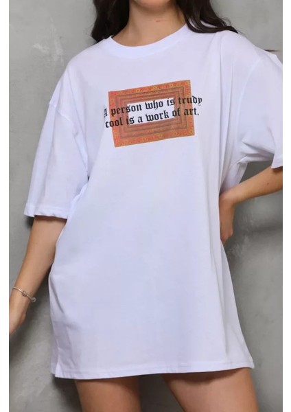 Unisex Bisiklet Yaka Baskılı Oversize T-Shirt - Beyaz