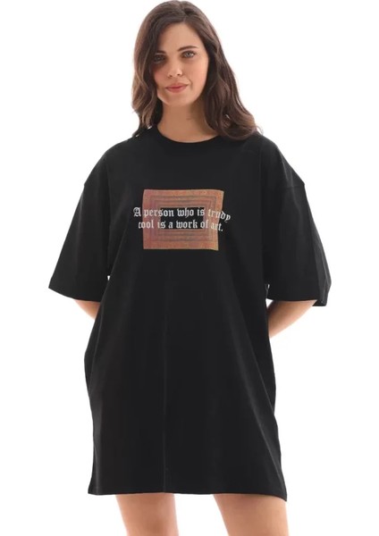 Unisex Bisiklet Yaka Baskılı Oversize T-Shirt - Siyah