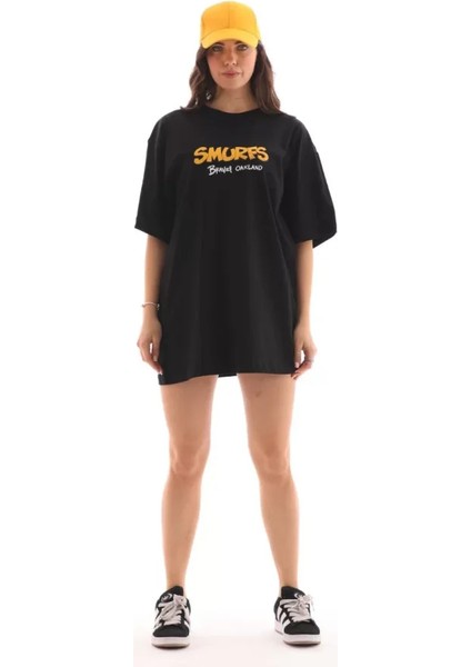 Unisex Bisiklet Yaka Baskılı Oversize T-Shirt - Siyah