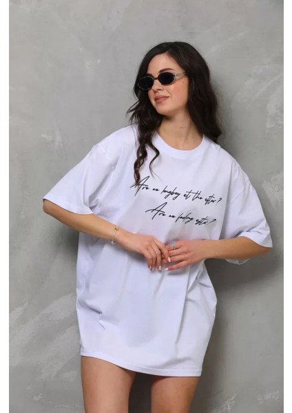 Unisex Bisiklet Yaka Baskılı Oversize T-Shirt - Beyaz