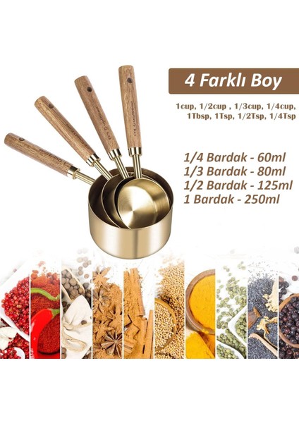 4 Adet Büyük Boy Paslanmaz Çelik Ahşap Saplı Ölçü Kaşığı Seti Ölçü Kabı 60ML 80ML 125ML 250ML