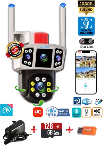 SET3035 Dual Lens Akıllı Kamera Wifi O-Kam Pro Türkçe Uygulama Gece Görüş Insan Takibi + 12V Adaptör