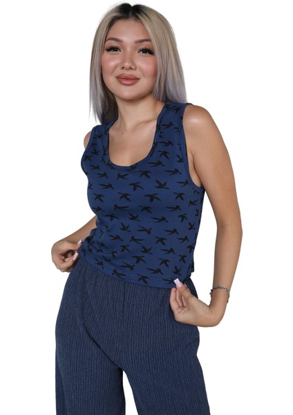 Kadın Kalın Askılı Body Bol Paça Pantolon 2`li Takım Lacivert 4217 modelleri