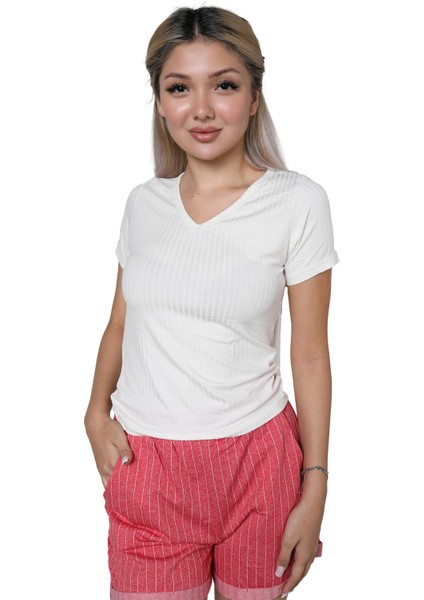 Kadın Kısa Kol Penye Şortlu Pijama Takım 3627 Ekru modelleri