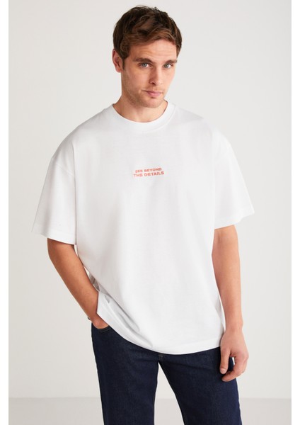 Vıto Erkek %100 Organik Pamuklu Nakış Yazı Detaylı Oversize Bol Kesim Kısa Kollu Beyaz T-shirt