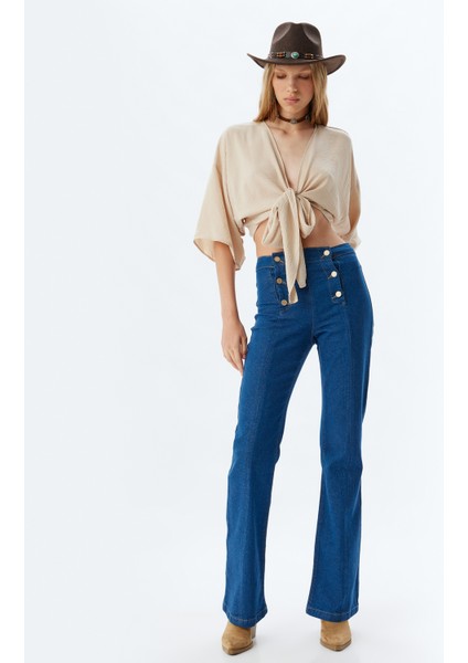 Ispanyol Paça Kot Pantolon Yüksek Bel Slim Fit Düğme Detaylı - Flare Jeans