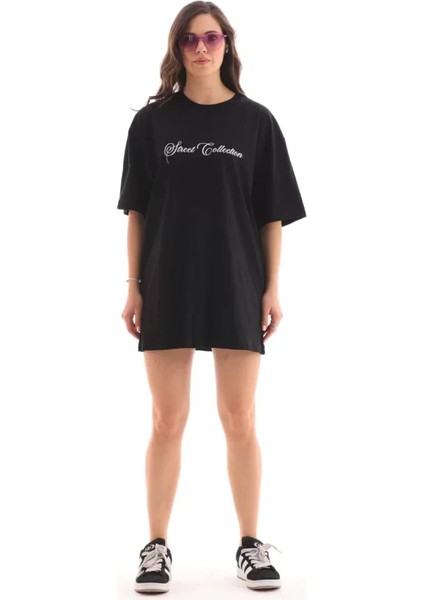 Unisex Bisiklet Yaka Baskılı Oversize T-Shirt - Siyah