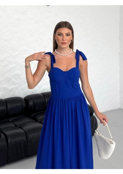 Bağlama Askı Detaylı Kloş Kesim Prenses Model Siyah Kadın Elbise 005