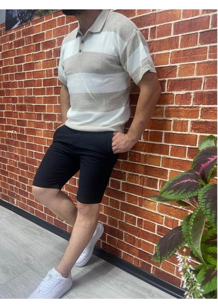 Eflatun Çizgili Düğmeli Poloyaka Oversize Triko T-Shirt