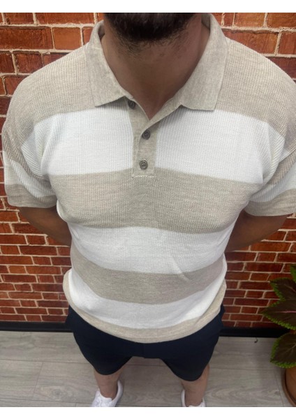 Eflatun Çizgili Düğmeli Poloyaka Oversize Triko T-Shirt modelleri