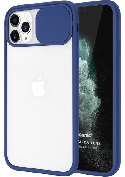 iPhone 11 Pro Max Uyumlu Kılıf Kamera Lens Korumalı Sürgülü Yüksek Korumalı Buzlu Transparan Kapak - Lacivert